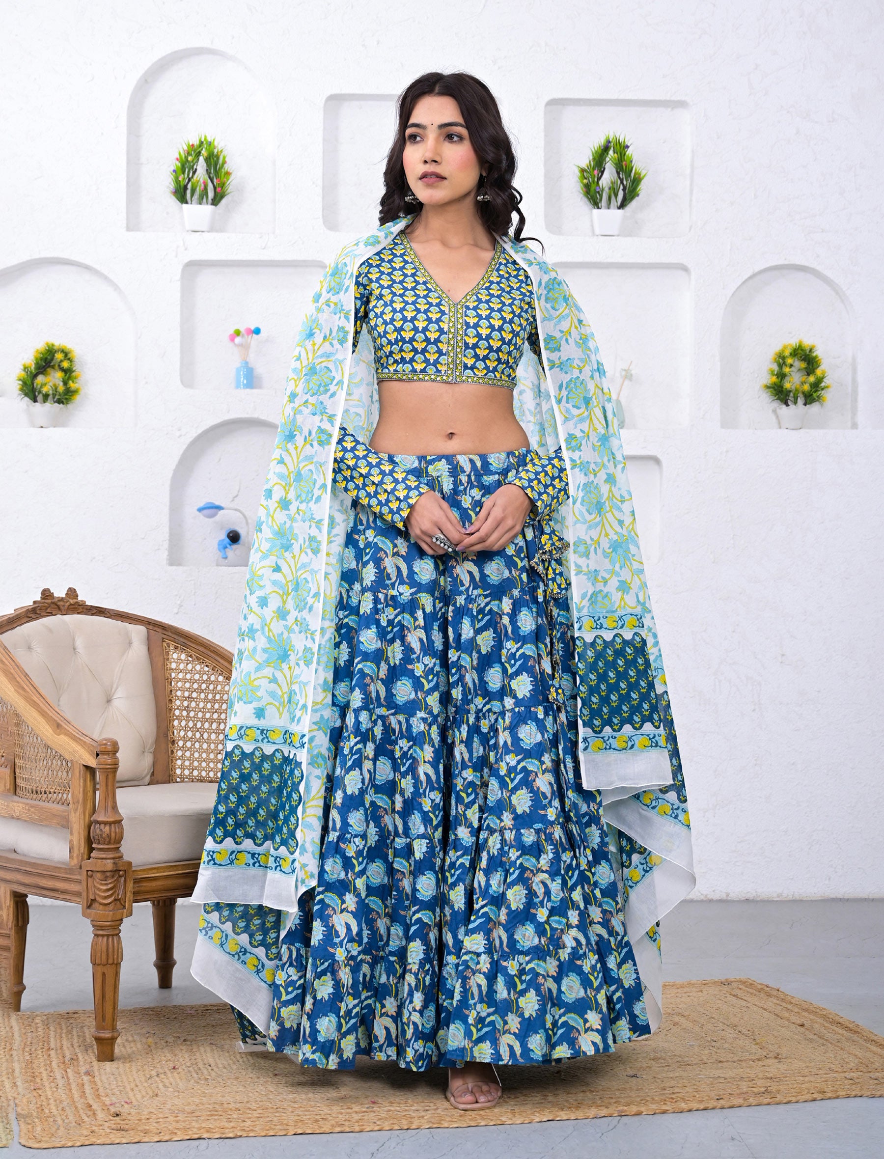 Royal Blue Block Printed Festive Cotton Lehenga