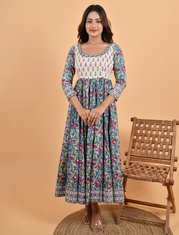 Blue Long Block Printed Cotton Dress