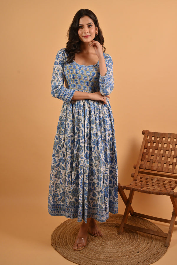 Blue Jaal Long Block Printed Cotton Dress