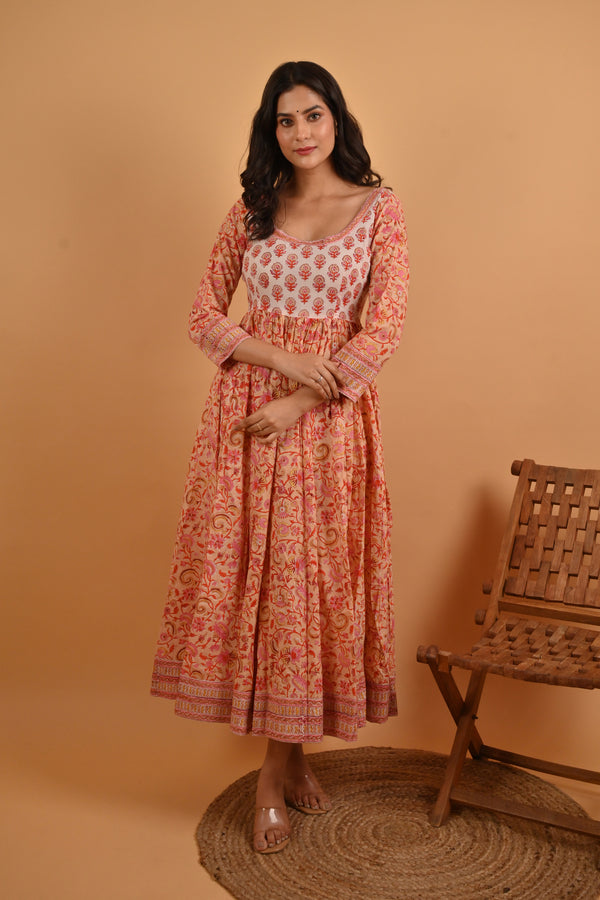 Peach Long Block Printed Cotton Dress