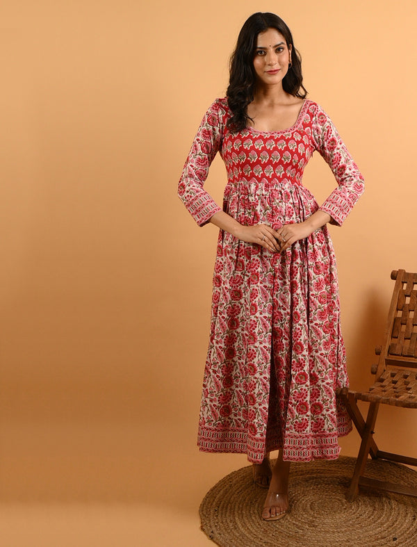 Red Long Block Printed Cotton Dress