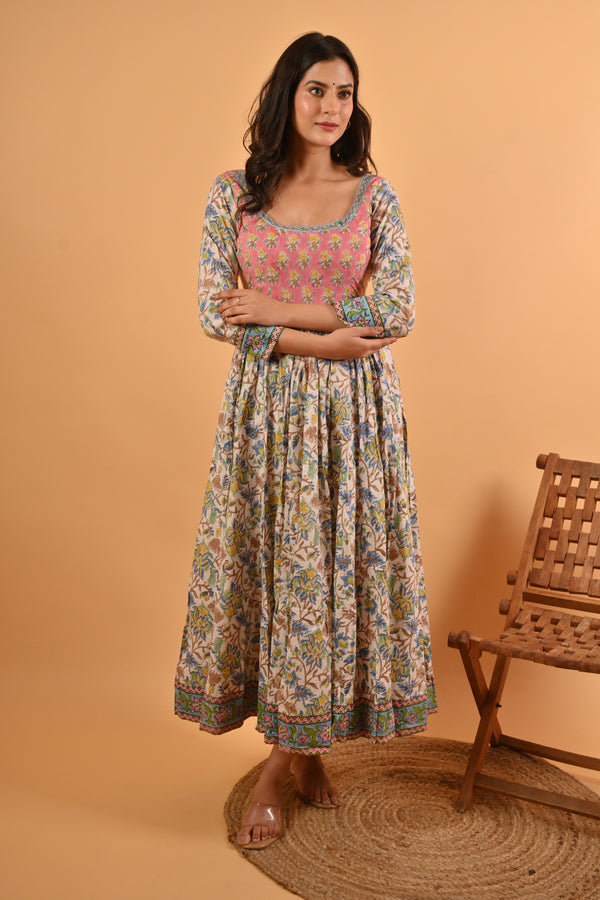 White Long Block Printed Cotton Dress