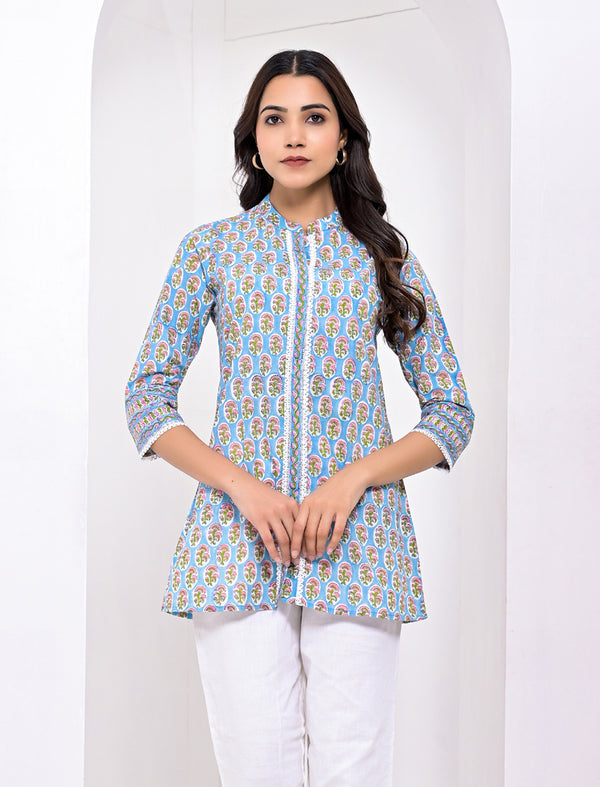 Blue Block Printed Cotton Short Top