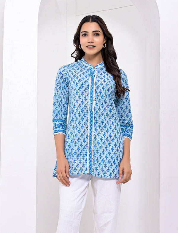 Blue Block Printed Cotton Short Top