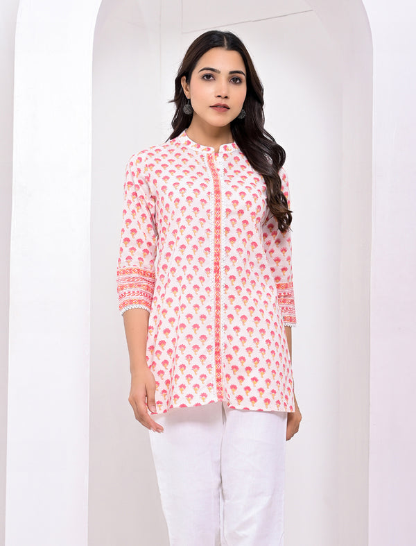 White Pink Block Printed Cotton Short Top