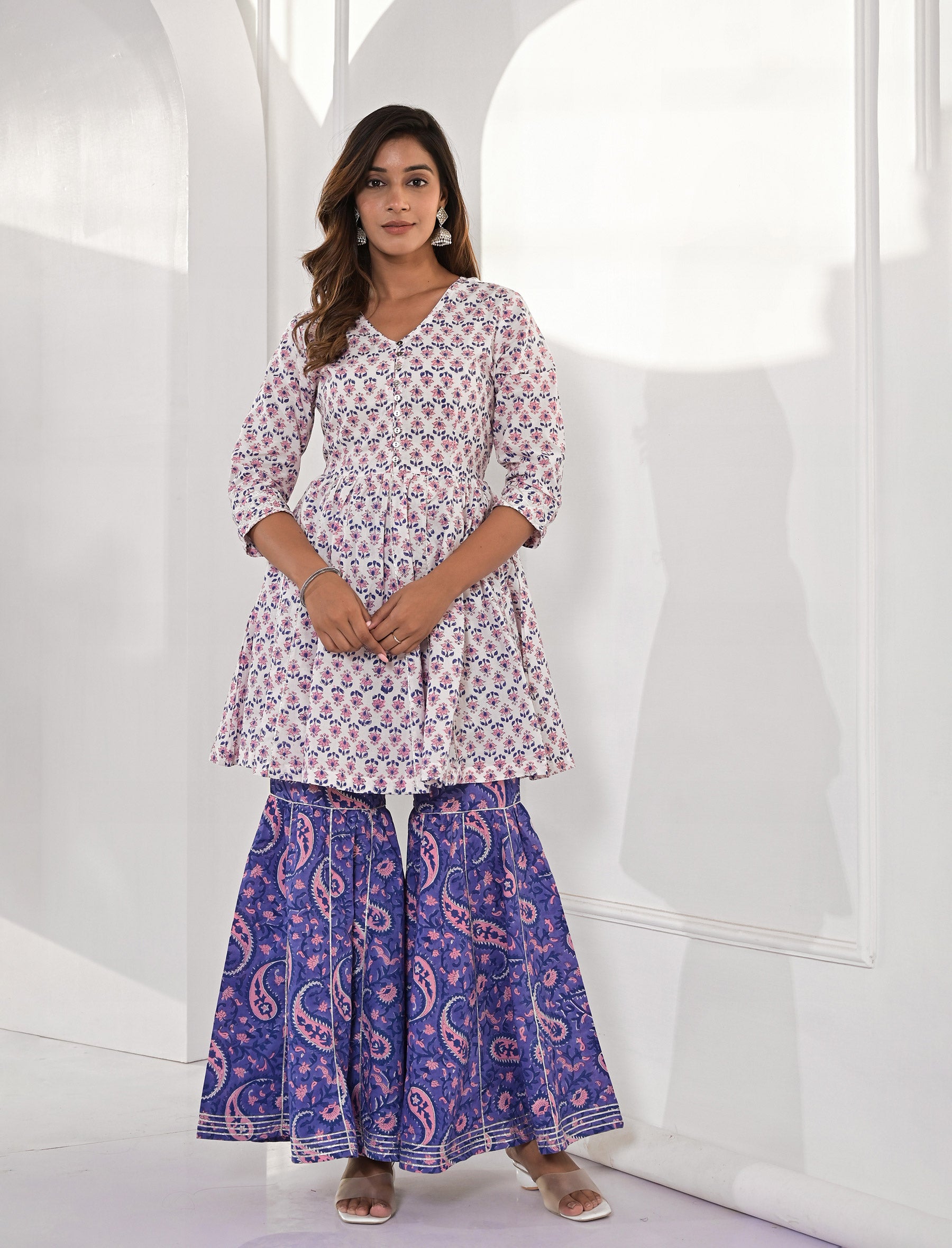 Blue Block Printed Cotton Sharara Set