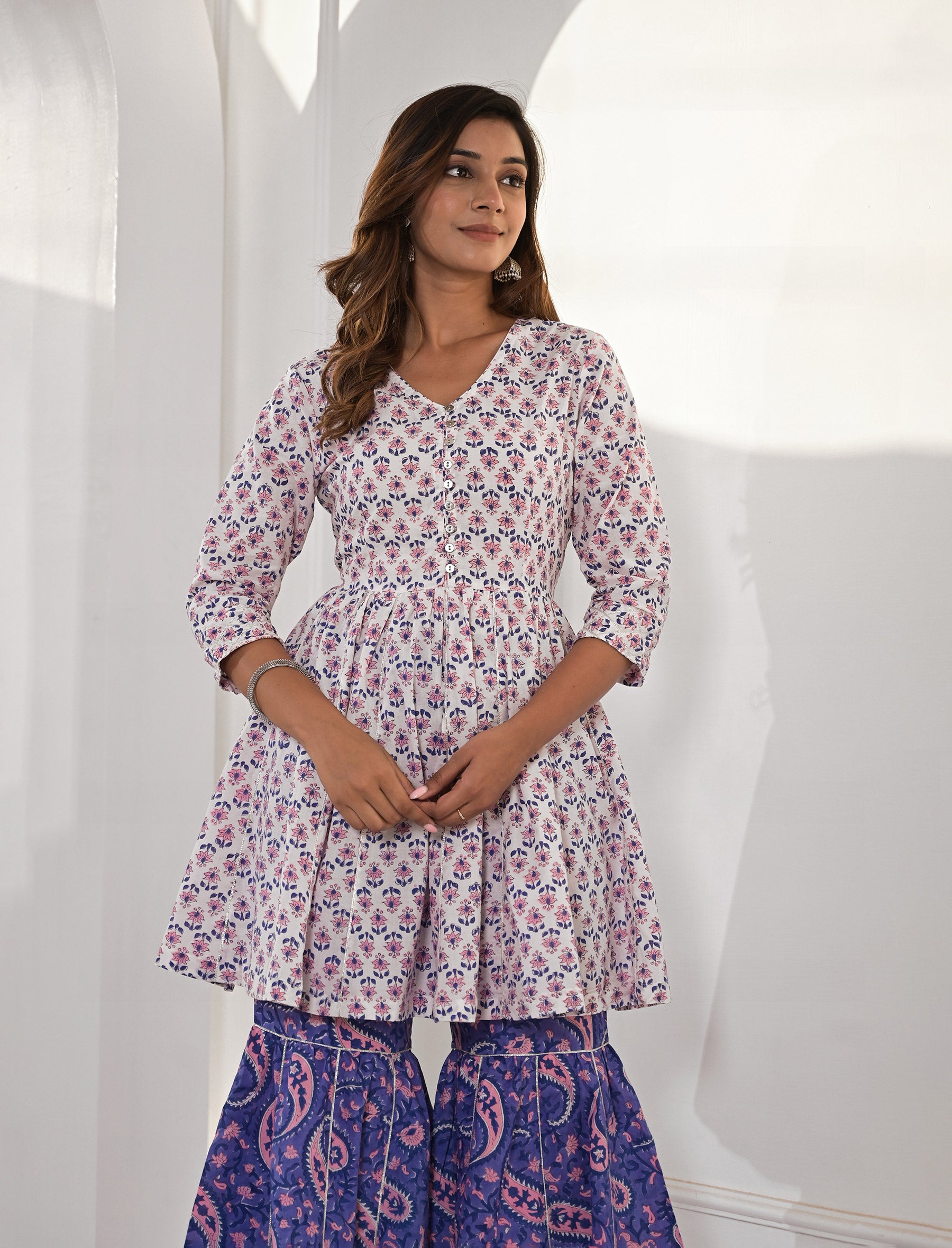 Blue Block Printed Cotton Sharara Set