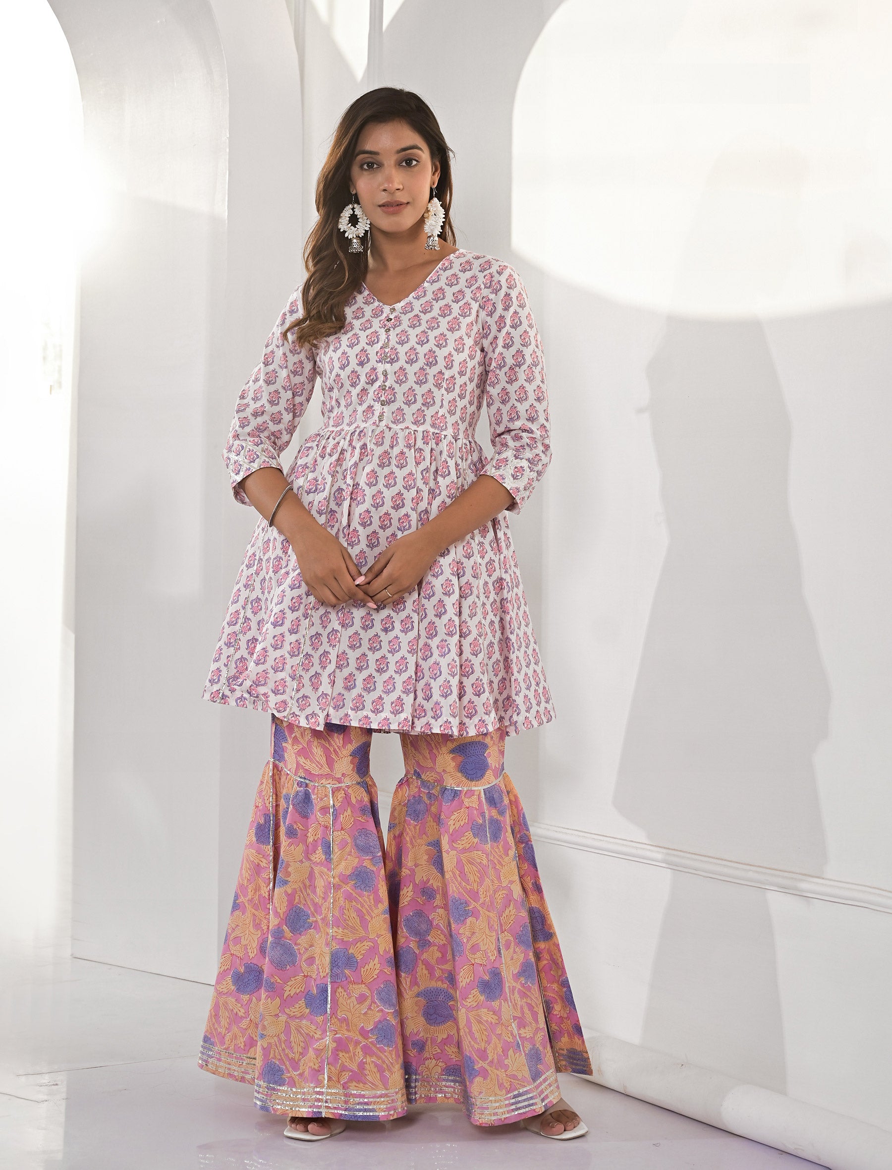 Peach Block Printed Cotton Sharara Set