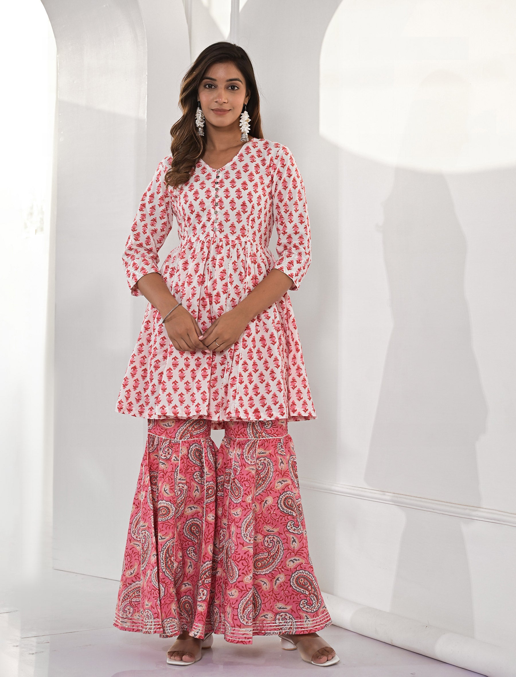 Pink Block Printed Cotton Sharara Set