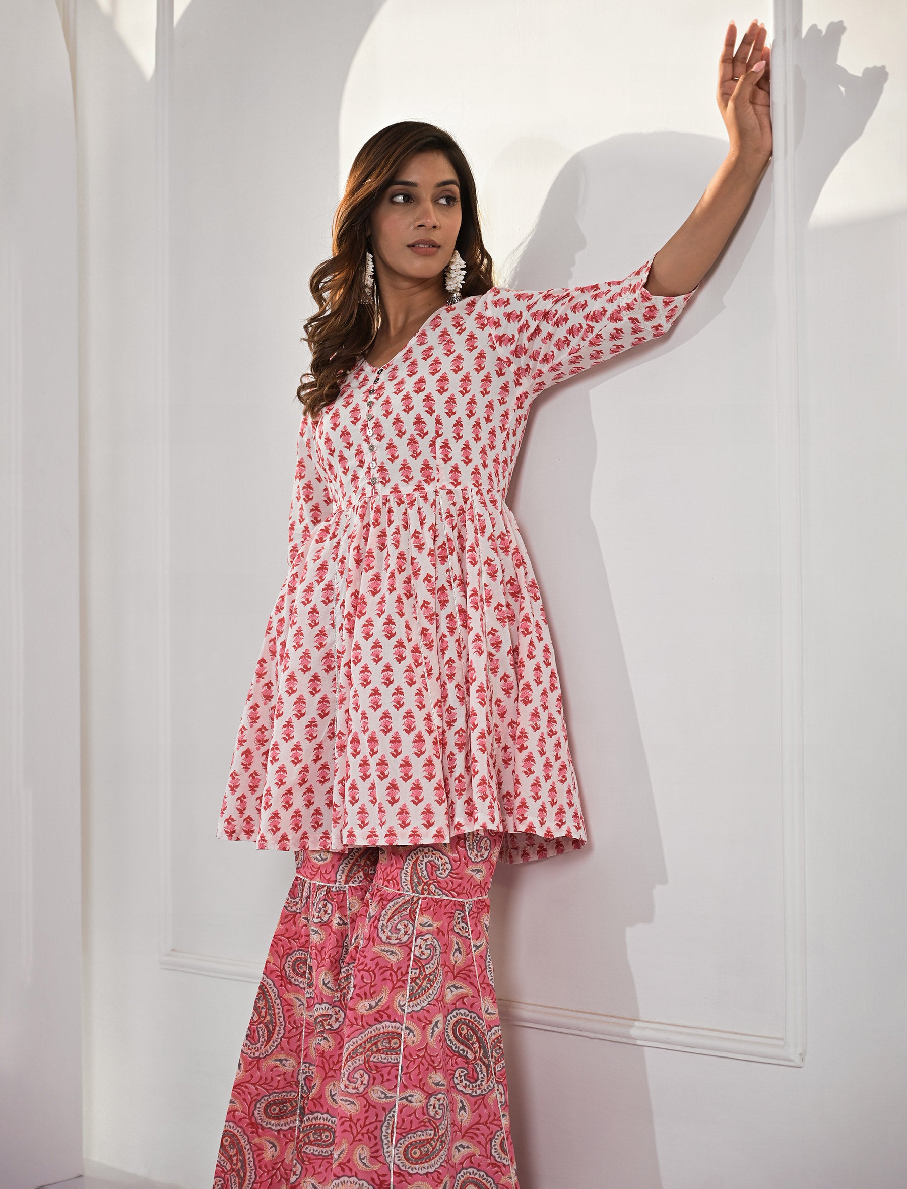 Pink Block Printed Cotton Sharara Set