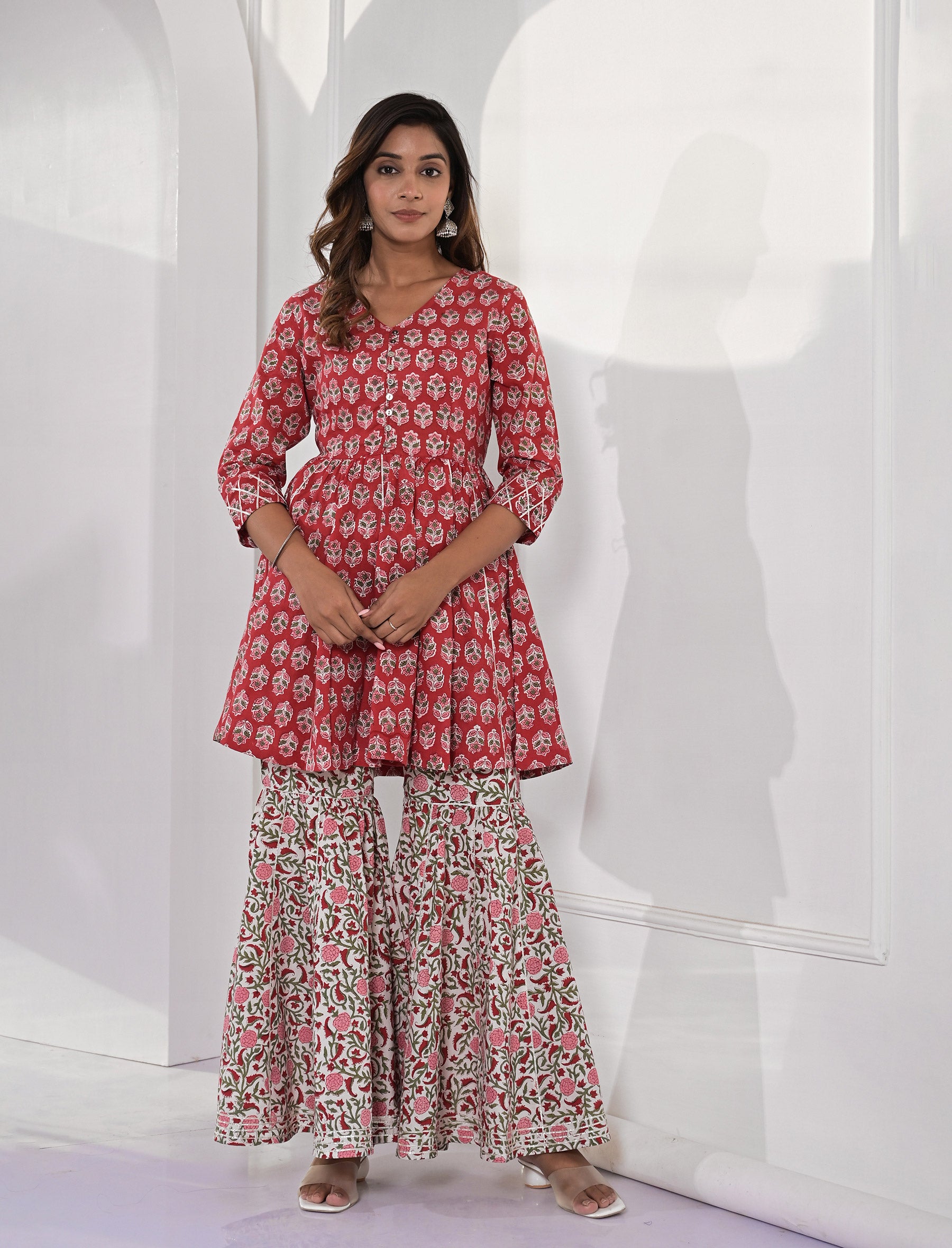 Red Block Printed Cotton Sharara Set