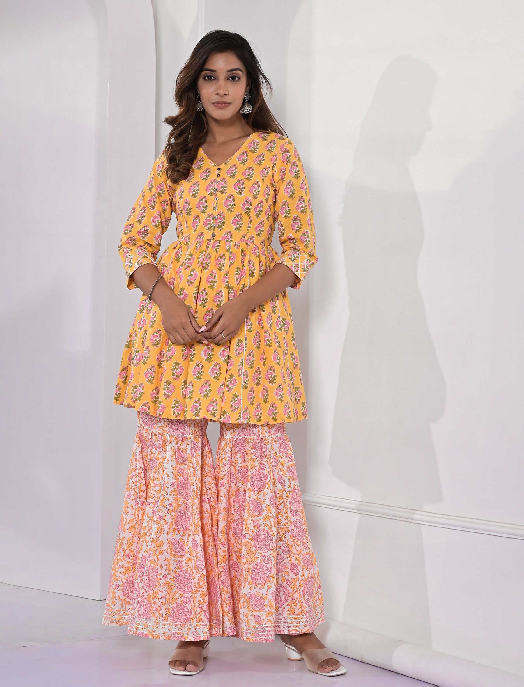 Yellow Block Printed Cotton Sharara Set