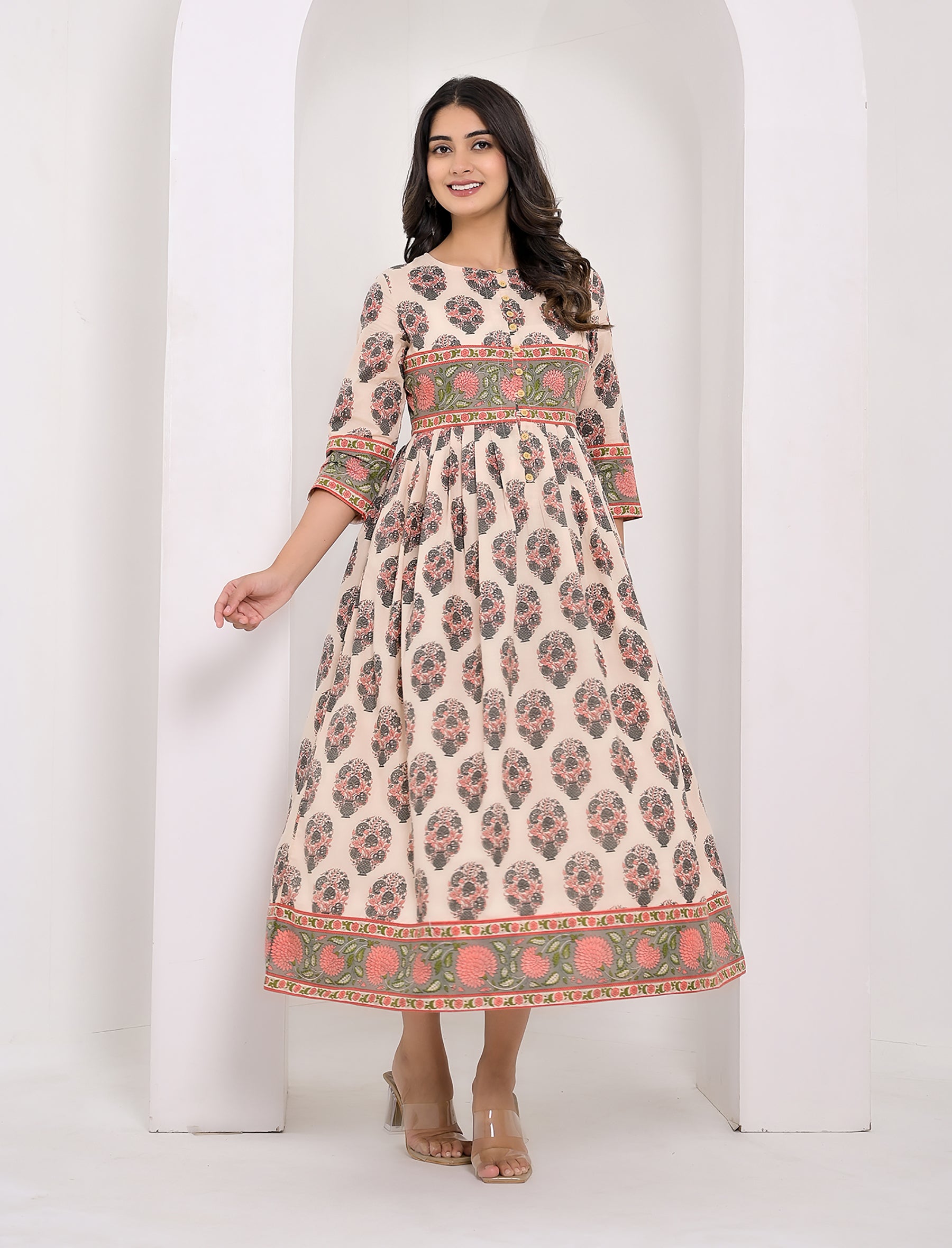 Beige Butta Cotton Printed Dress