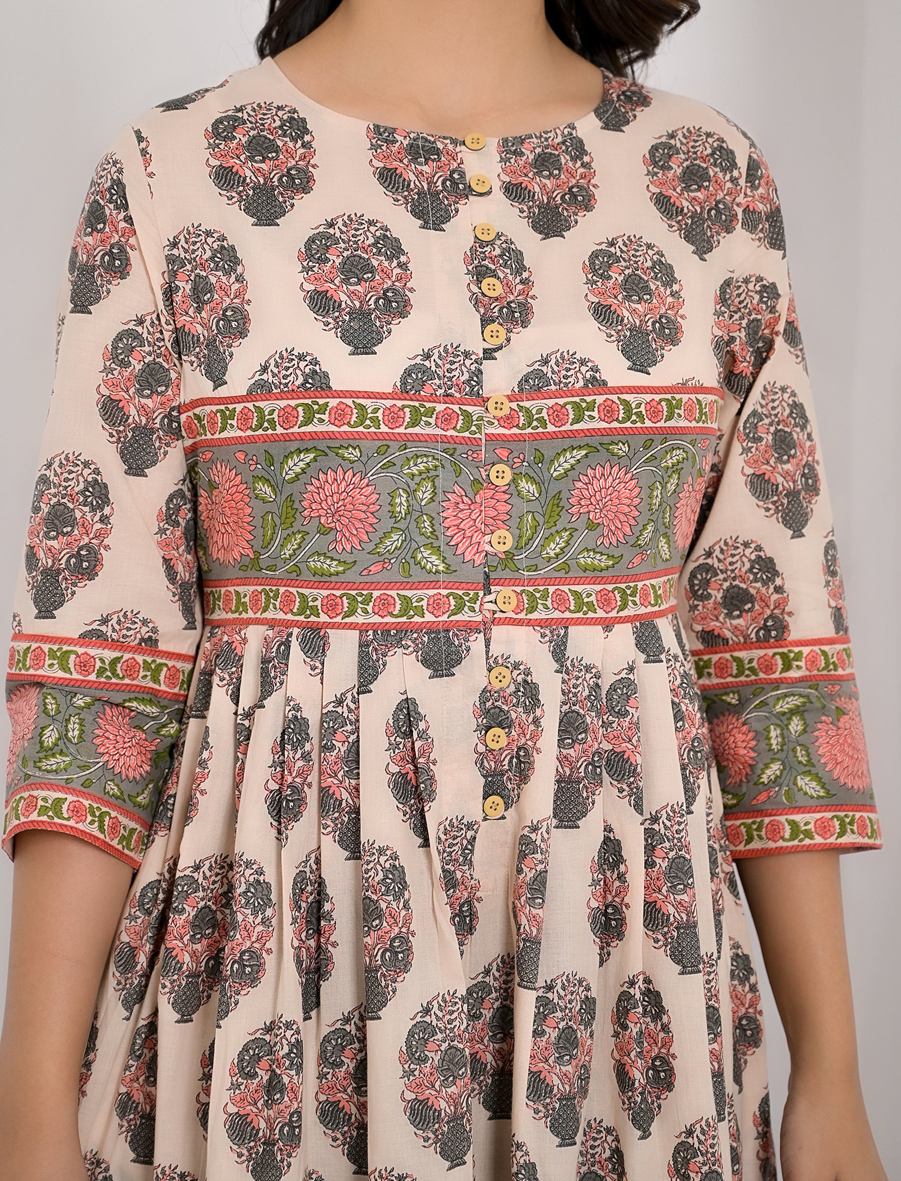 Beige Butta Cotton Printed Dress