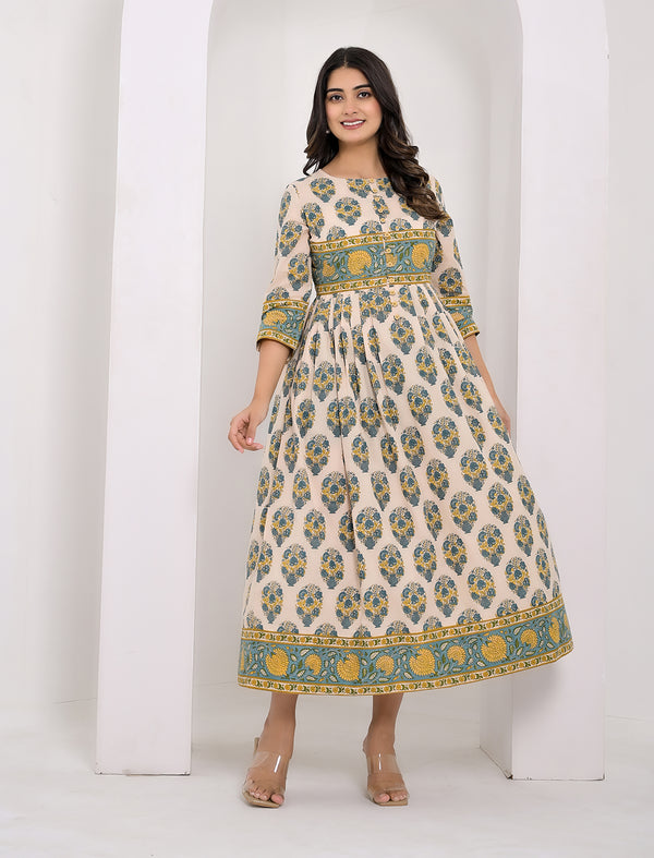 Green Butta Cotton Printed Dress