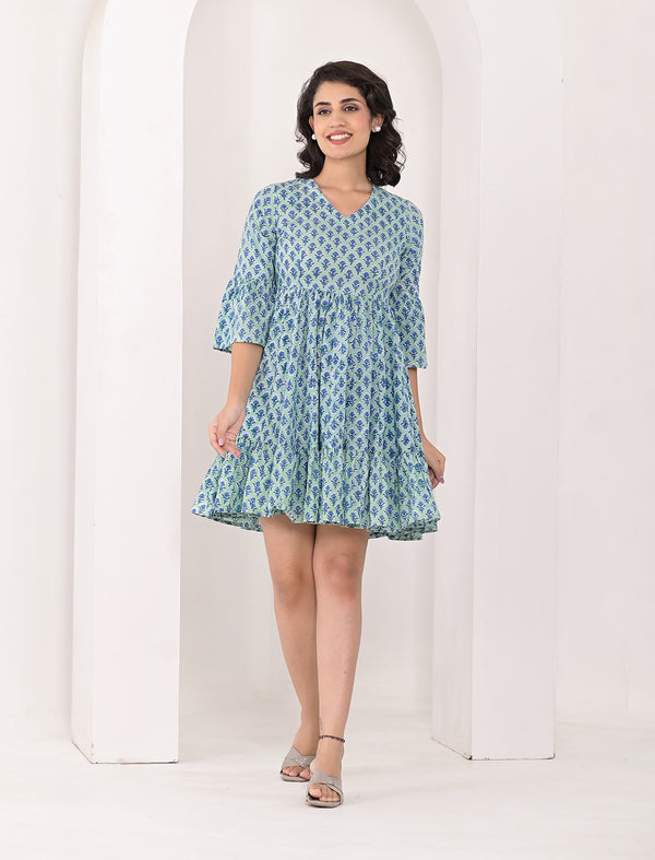 Sea Blue Block Printed Cotton Dress