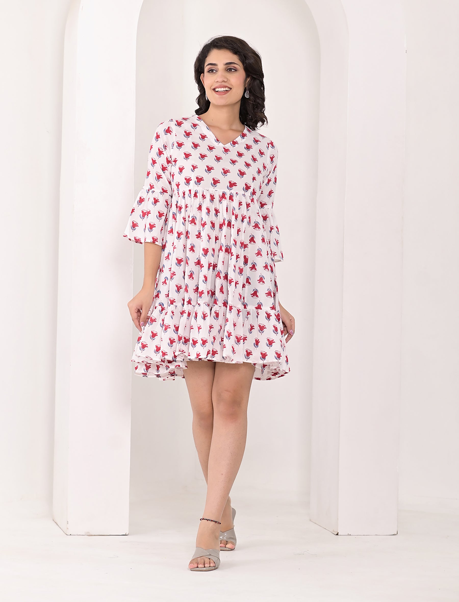 White Red Block Printed Cotton Dress