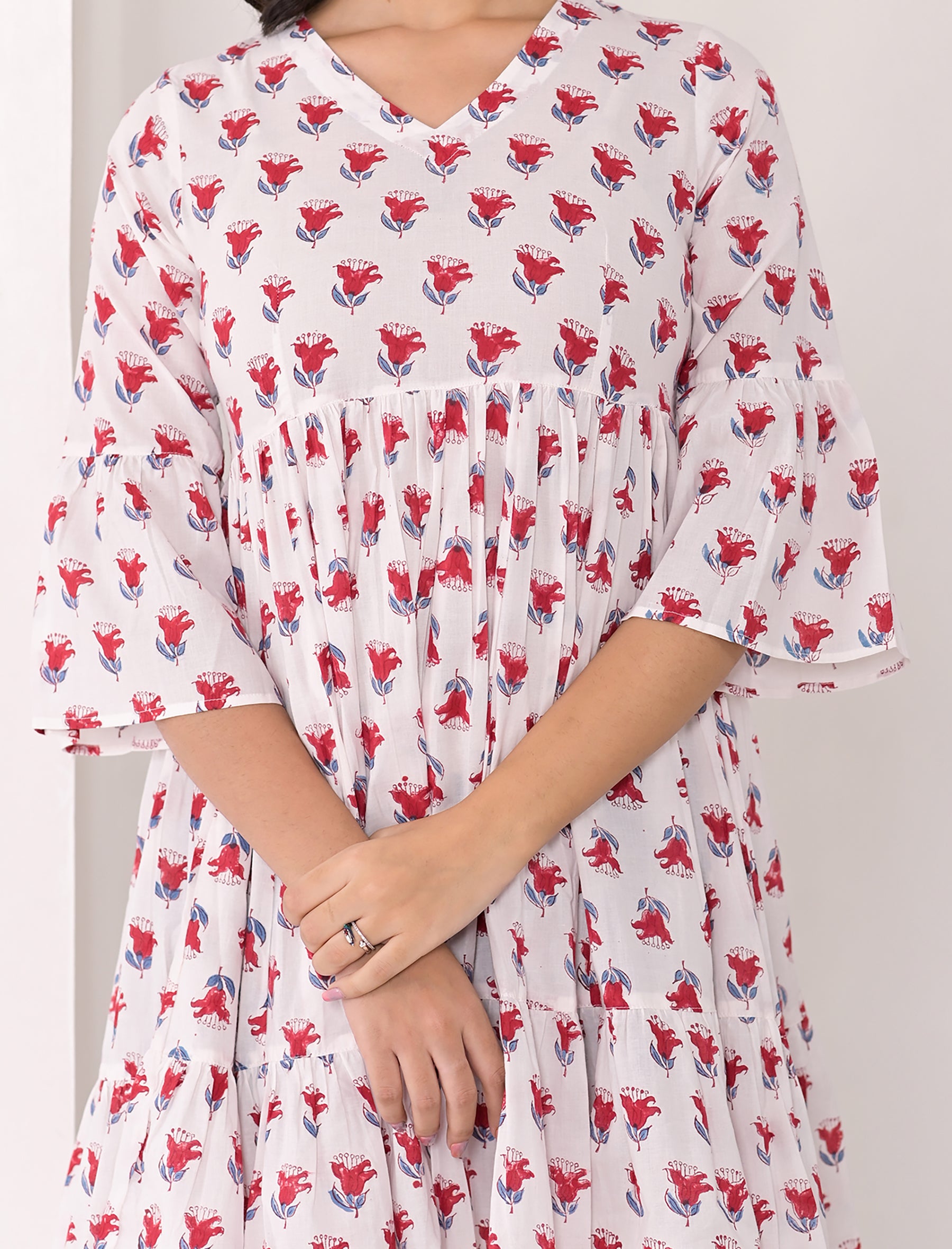 White Red Block Printed Cotton Dress