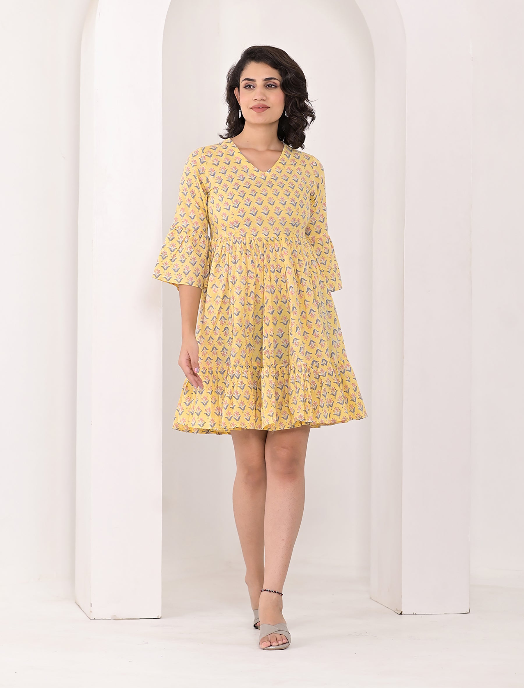 Yellow Block Printed Cotton Dress