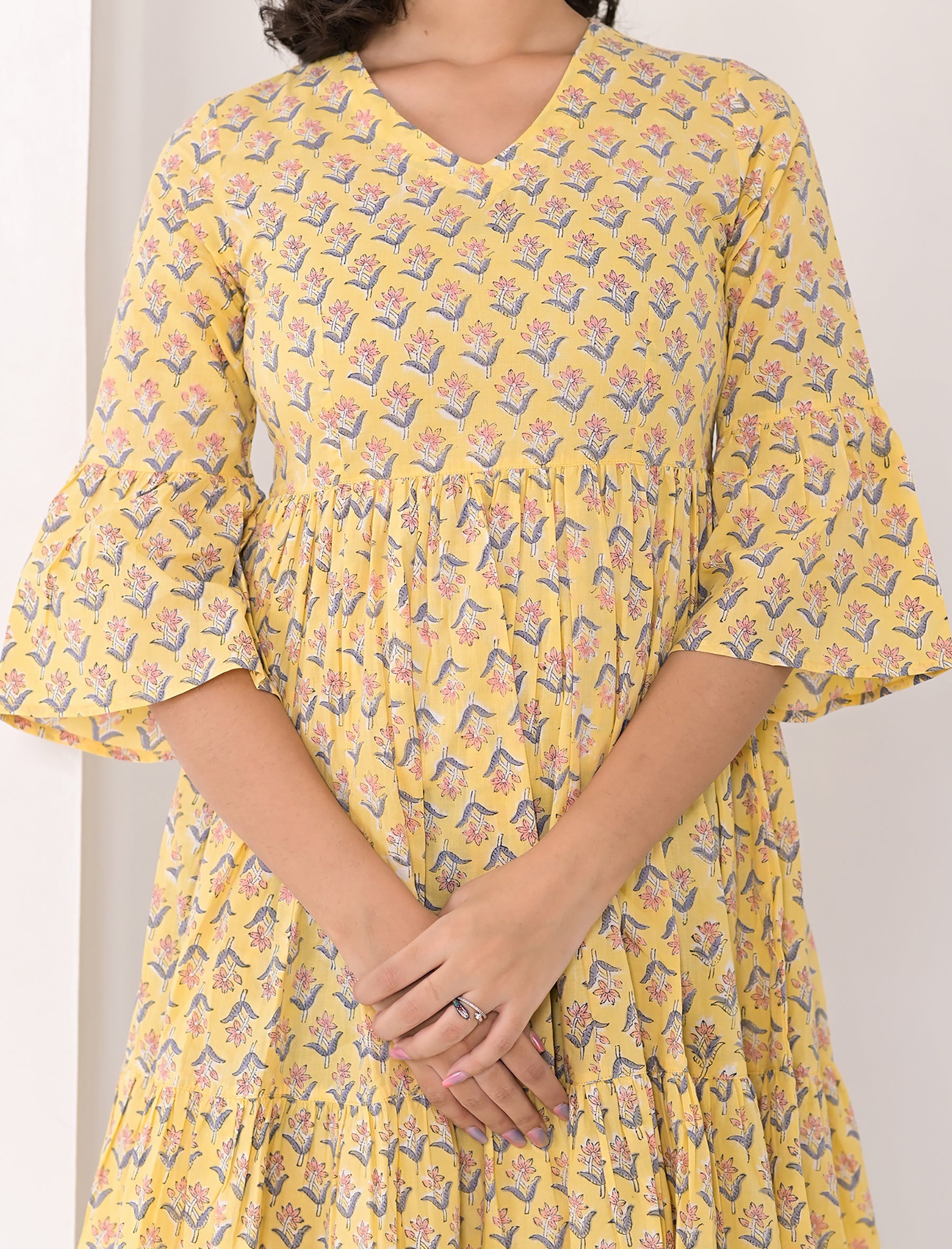 Yellow Block Printed Cotton Dress