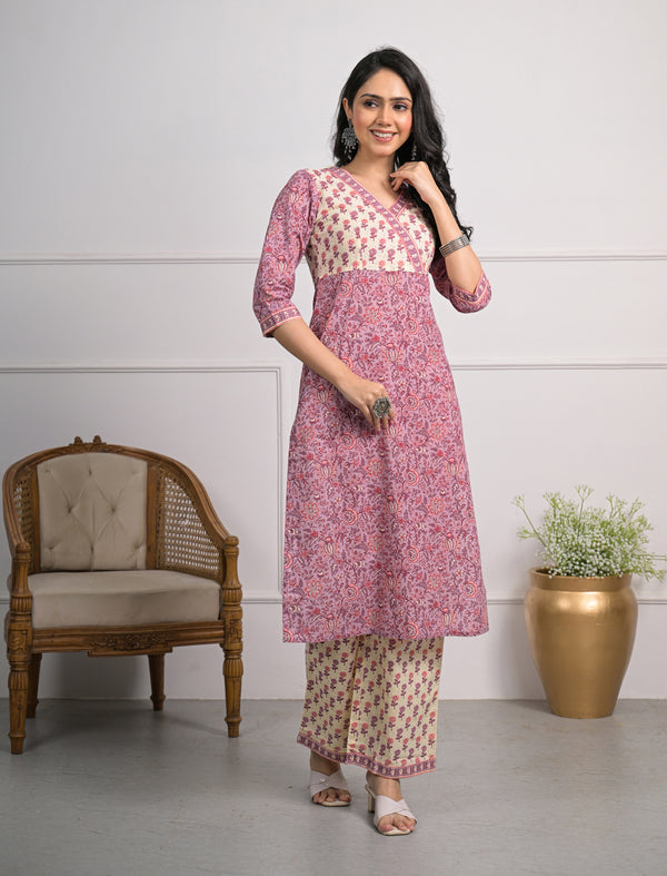 Purple Printed Cotton Block Printed Pant Set Of 2