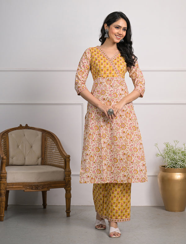 Yellow Cream Printed Cotton Block Printed Pant Set Of 2