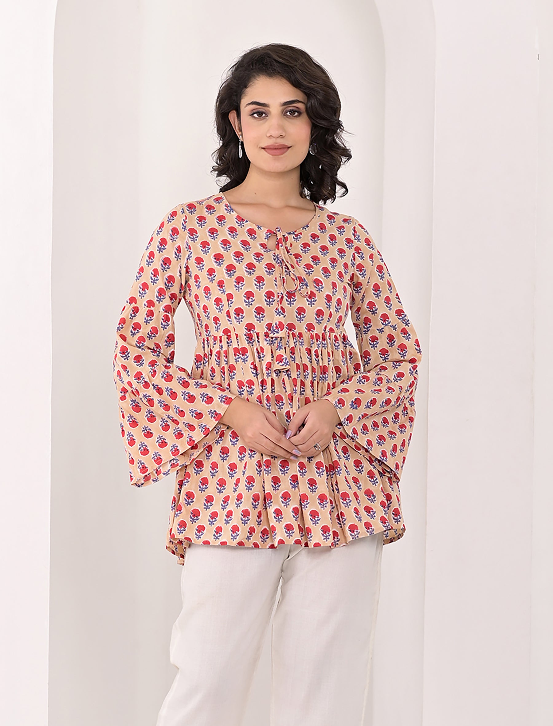 Beige Cotton Block Printed Top With Umbrella Sleeves