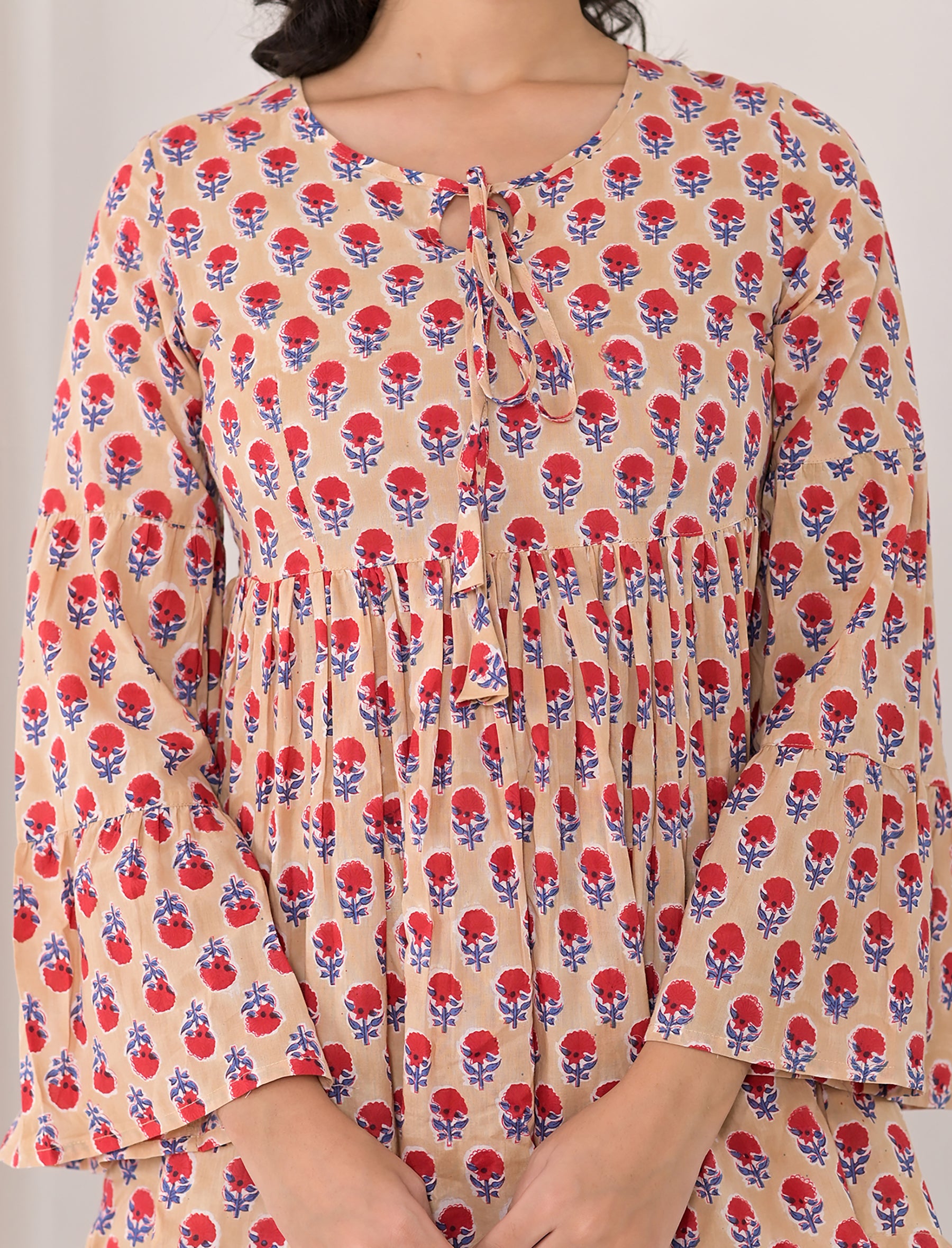 Beige Cotton Block Printed Top With Umbrella Sleeves