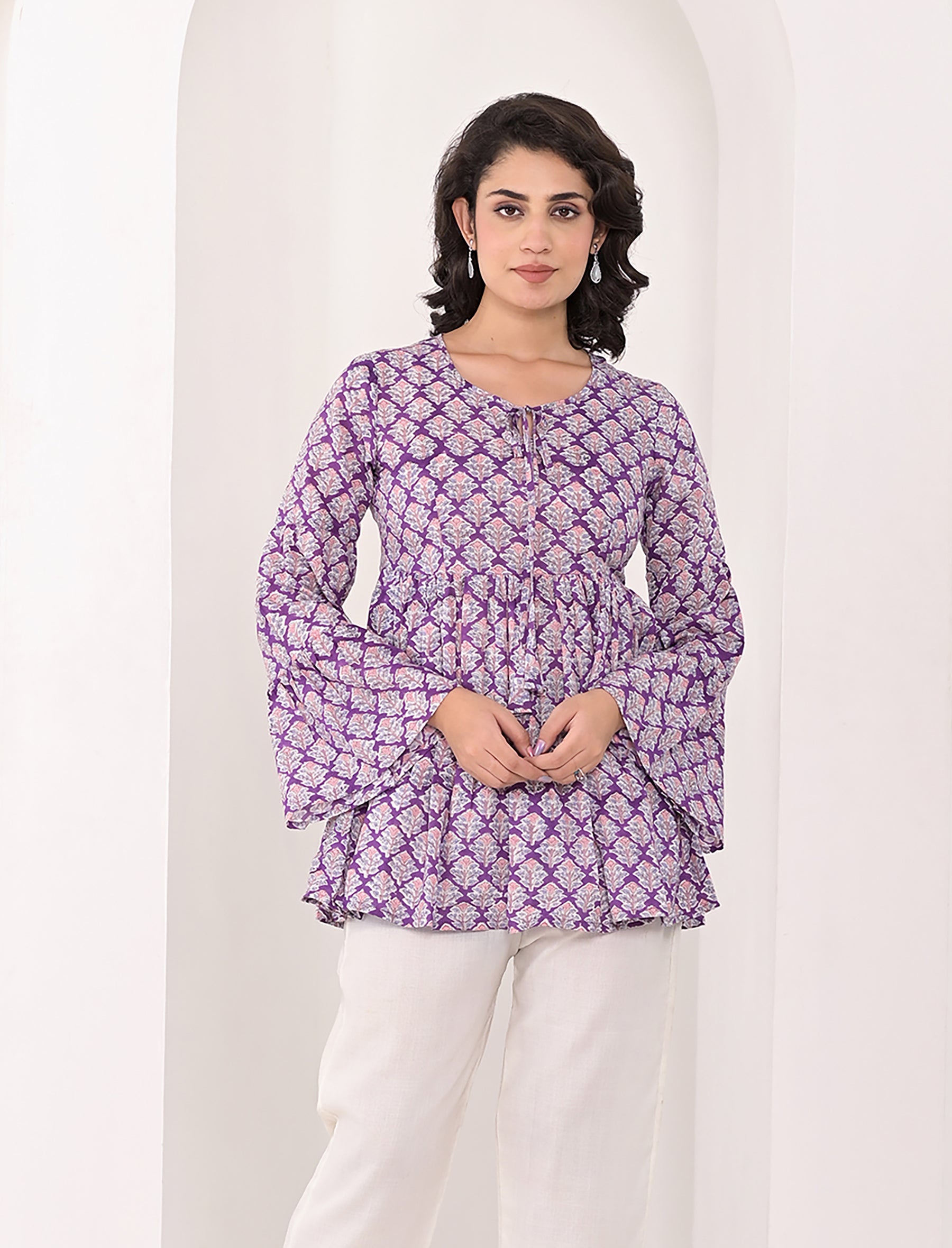 Purple Cotton Block Printed Top With Umbrella Sleeves