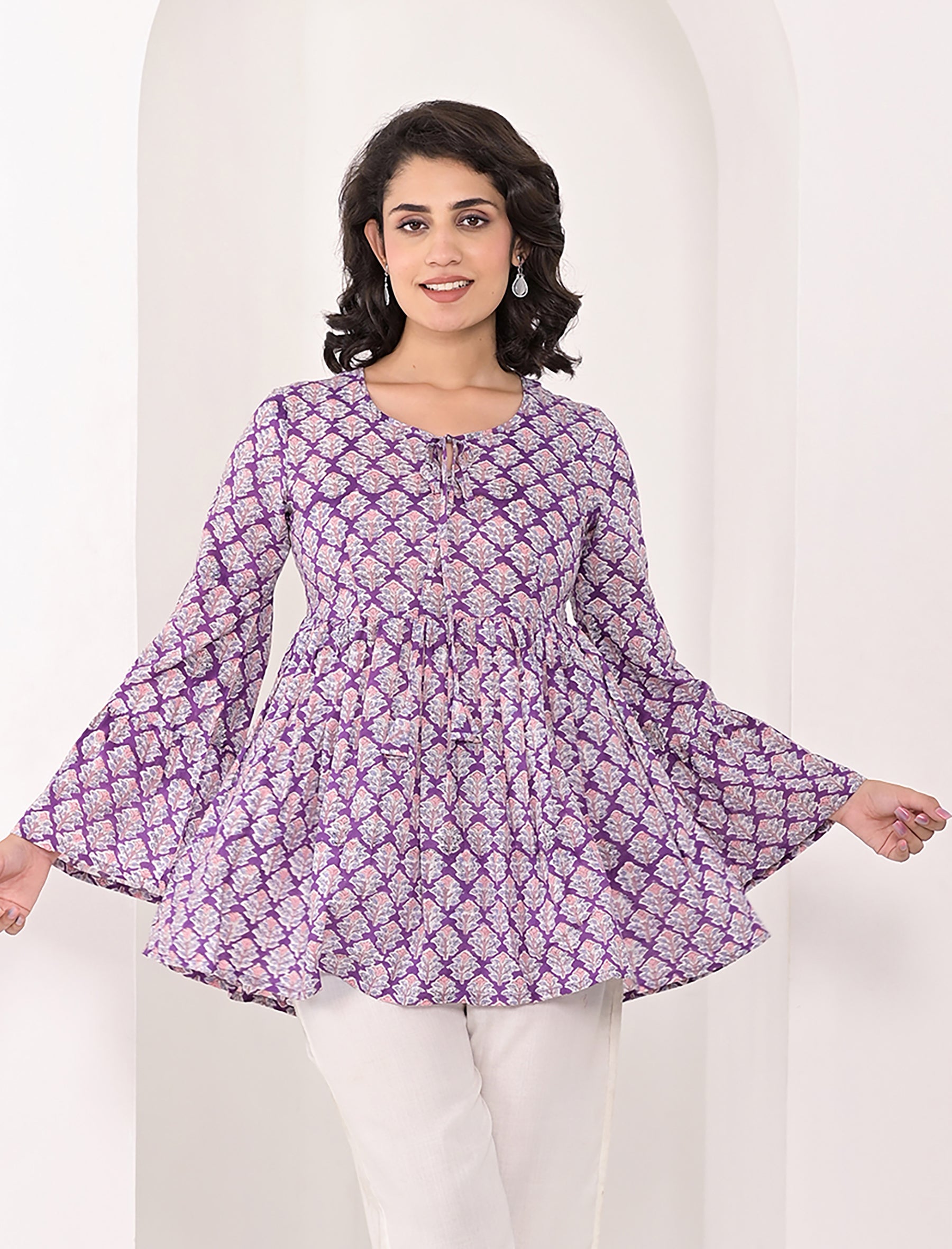 Purple Cotton Block Printed Top With Umbrella Sleeves