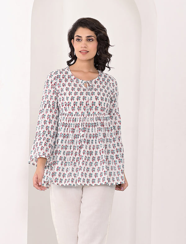 White Cotton Block Printed Top With Umbrella Sleeves