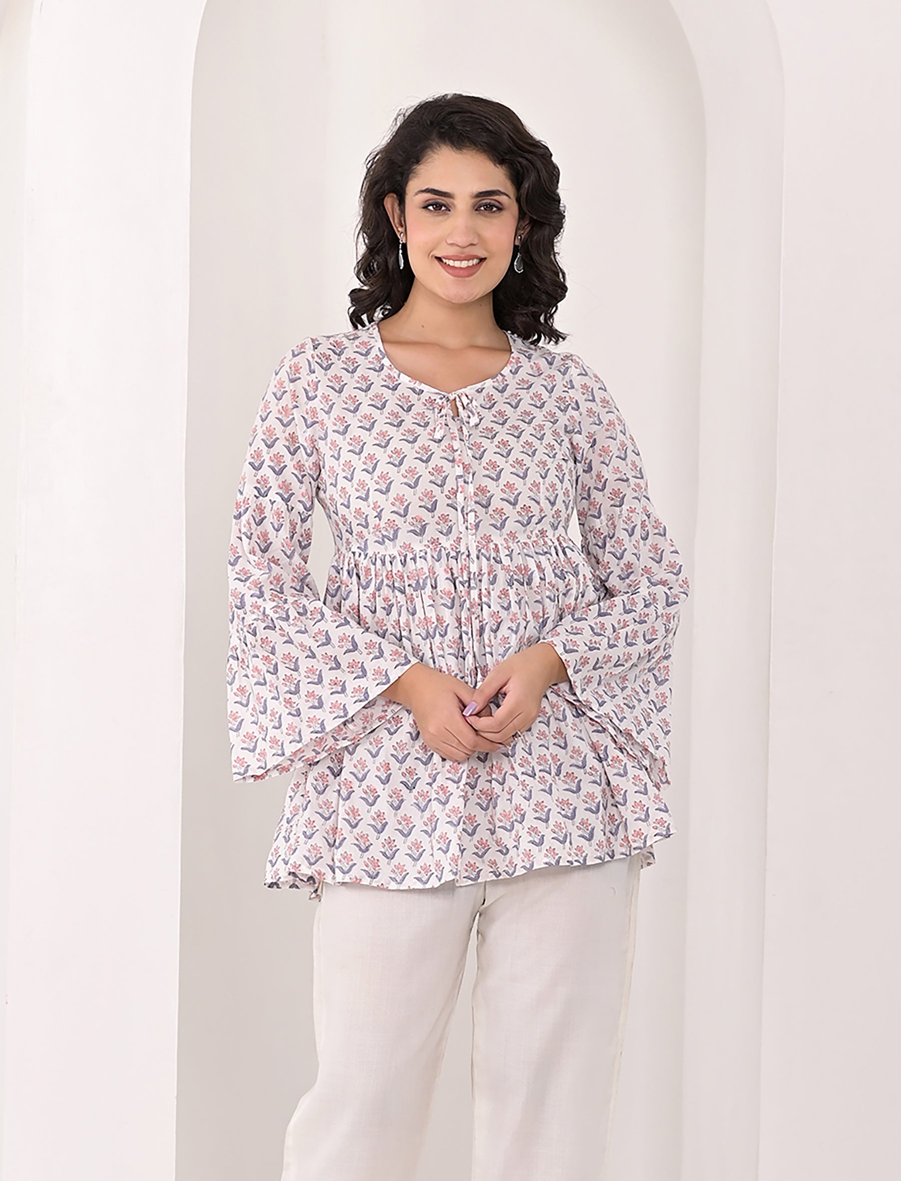 White Peach Cotton Block Printed Top With Umbrella Sleeves