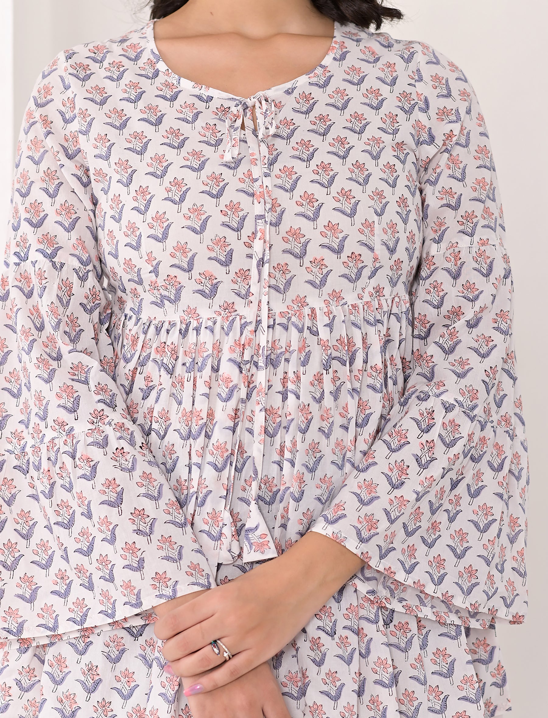 White Peach Cotton Block Printed Top With Umbrella Sleeves