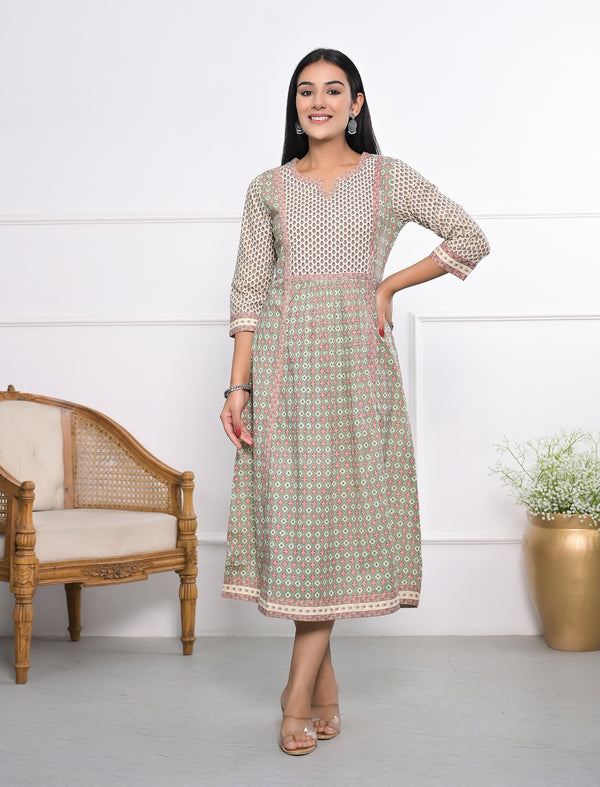 Green Cotton Printed Dress