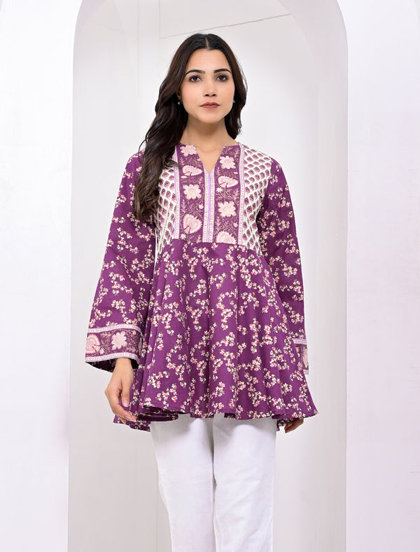 Purple Printed Cotton Flared Top