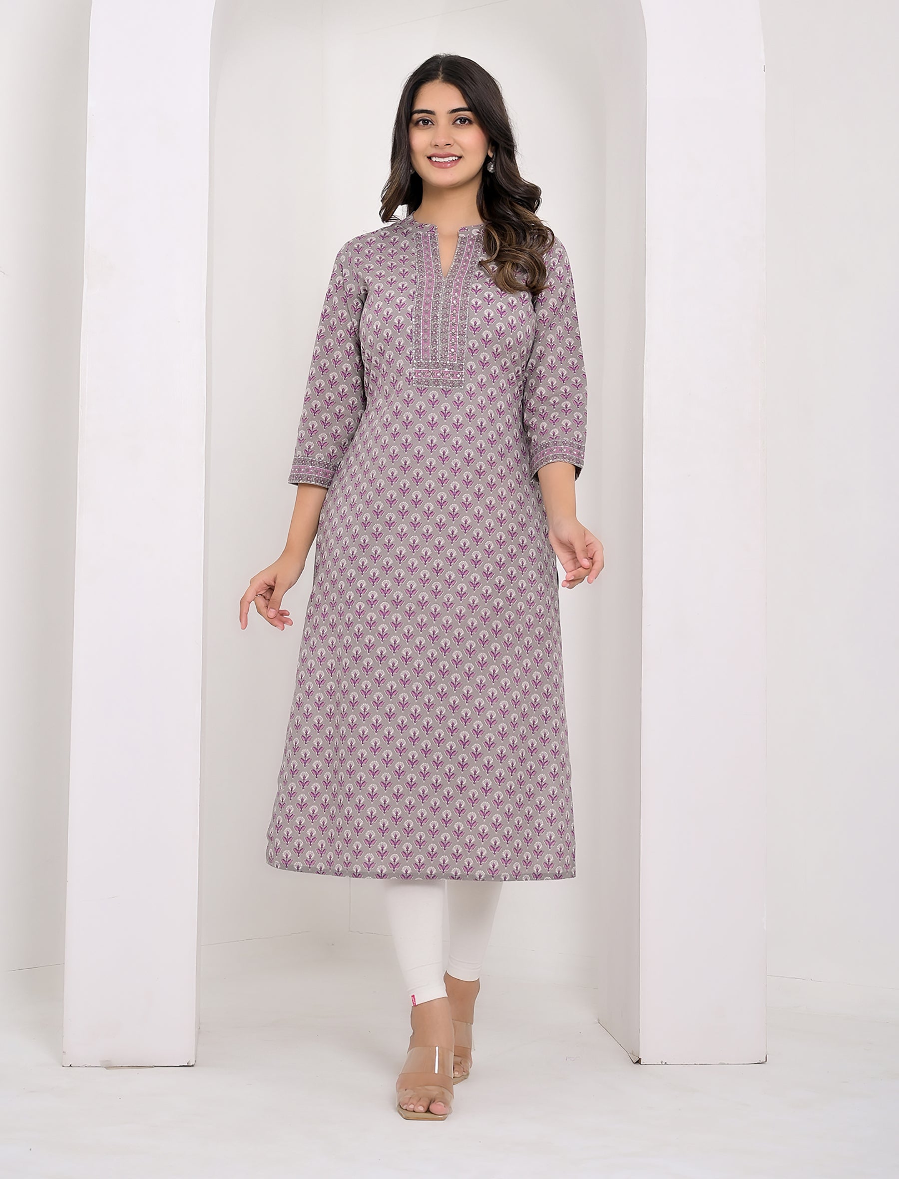 Grey Purple Butti Block Printed Cotton Straight Kurti