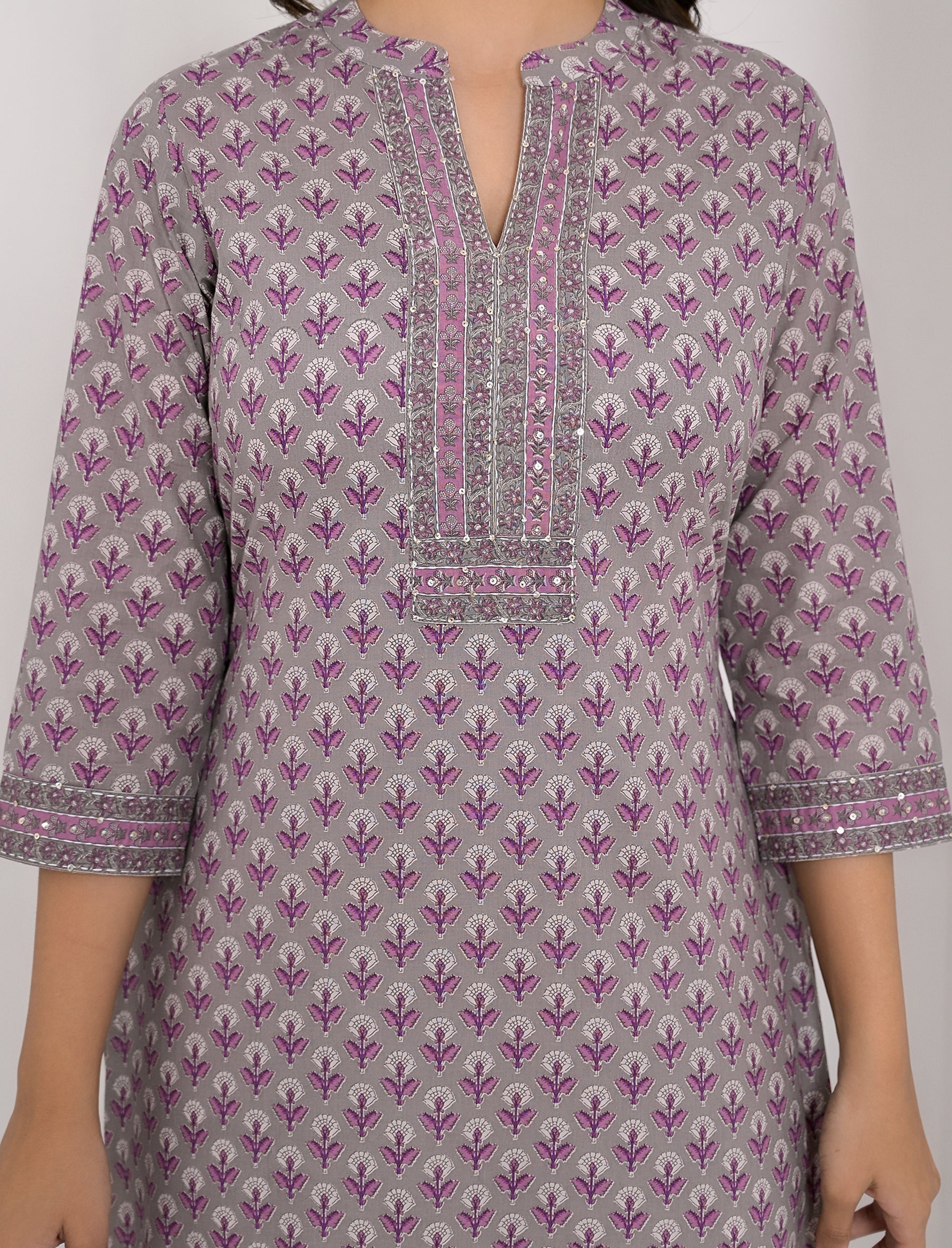 Grey Purple Butti Block Printed Cotton Straight Kurti