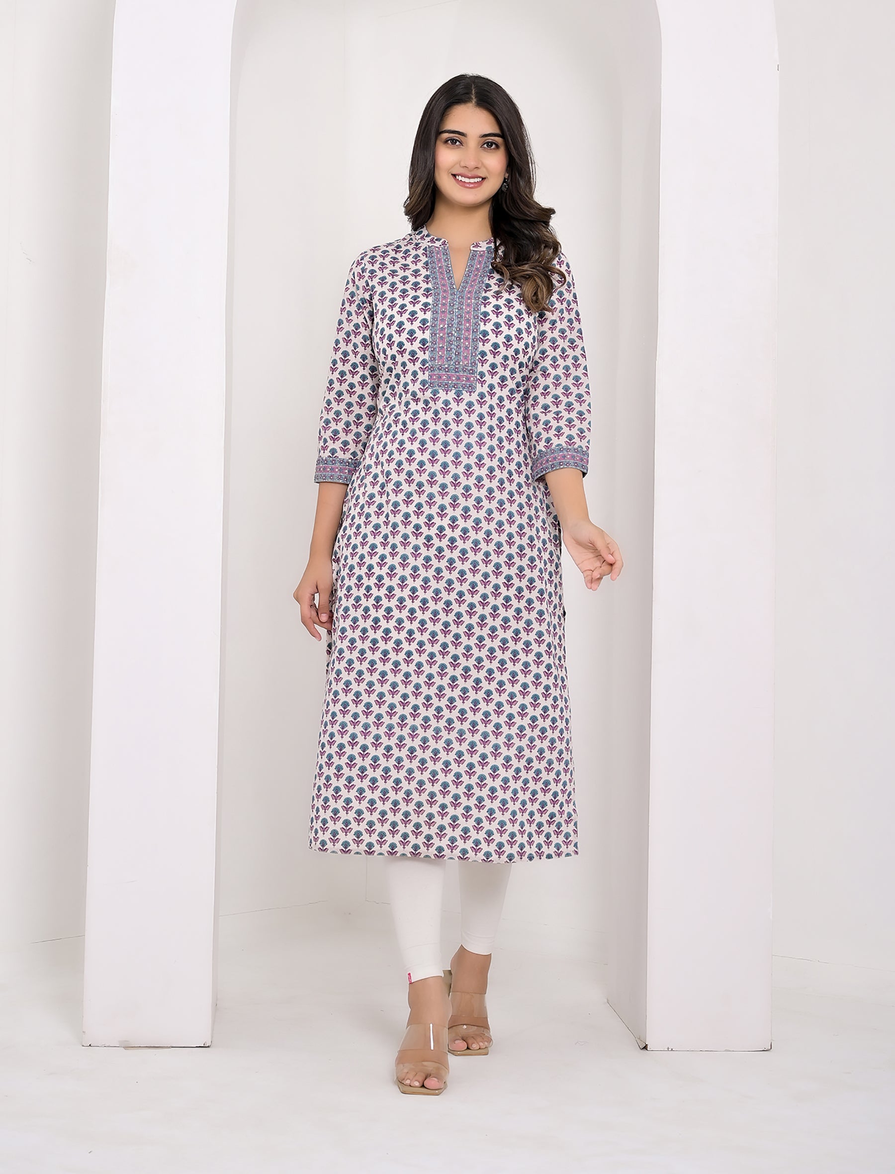 Off White Butti Block Printed Cotton Straight Kurti