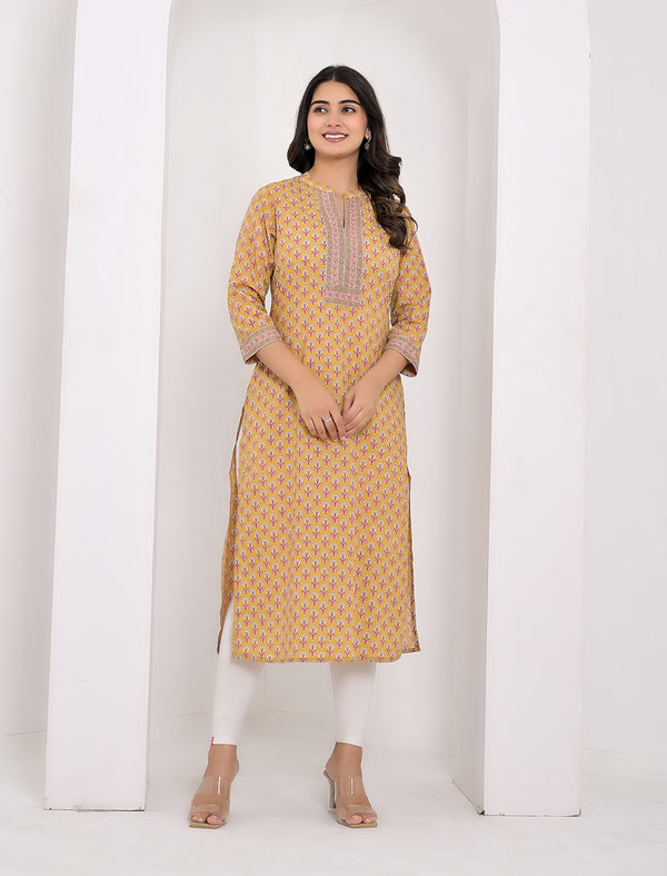 Yellow Block Printed Cotton Straight Kurti