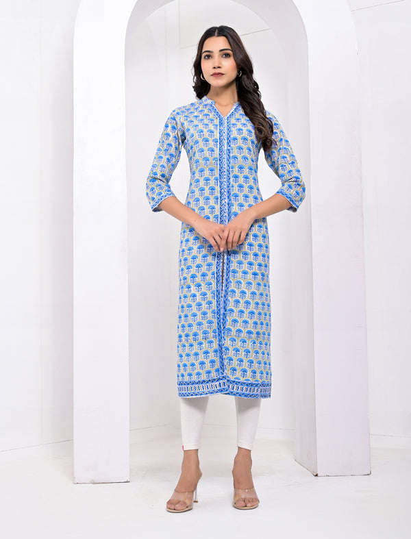 Cotton Block Printed Grey Kurti