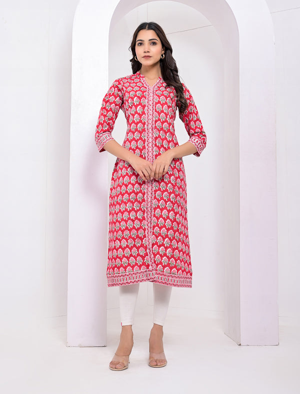 Cotton Block Printed Red Kurti