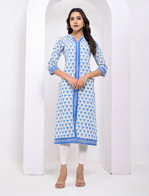 Cotton Block Printed White Blue Kurti