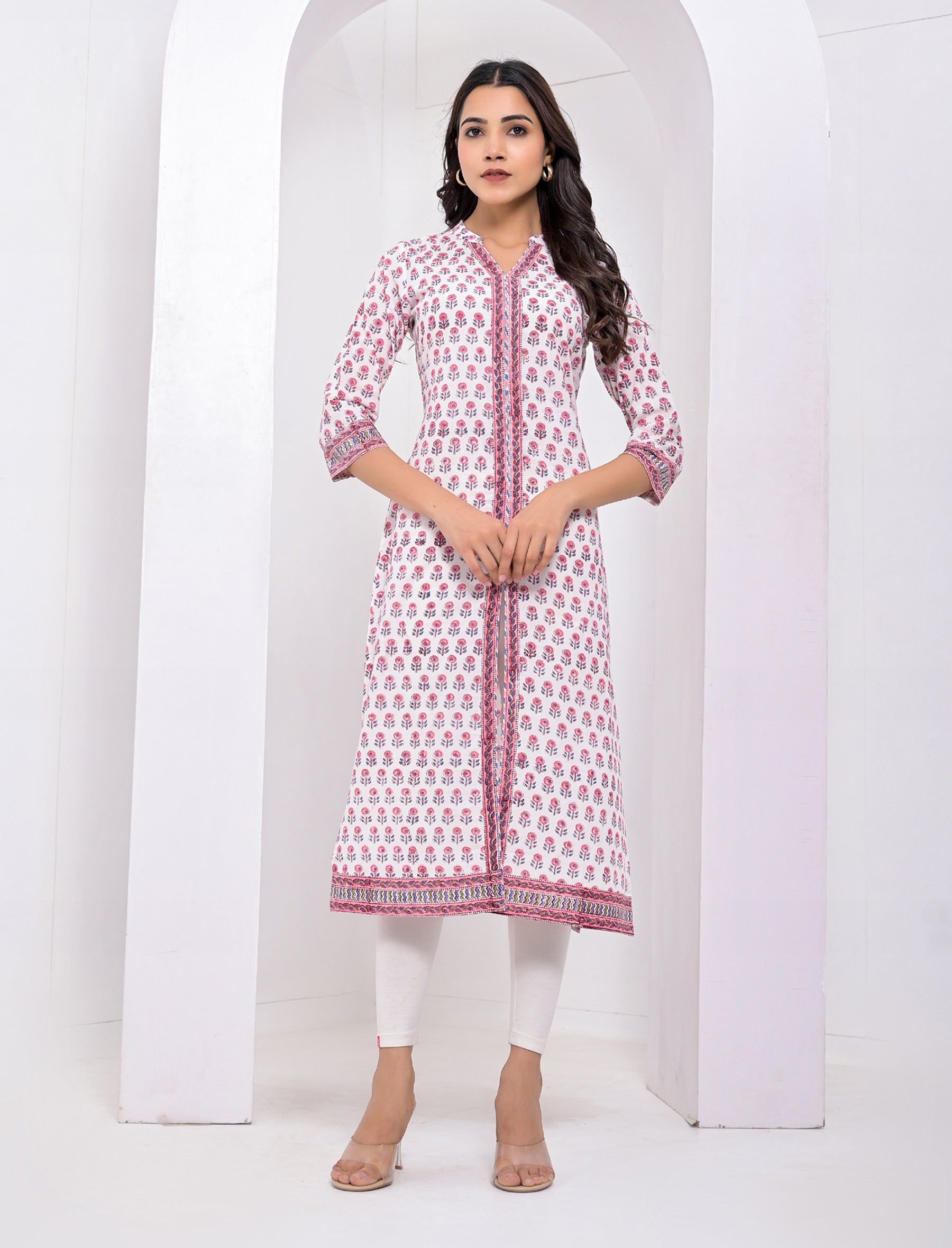 Cotton Block Printed White Flower Kurti