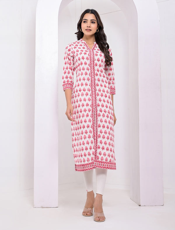 Cotton Block Printed White Flower Kurti