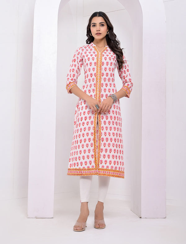 Cotton Block Printed White Pink Kurti