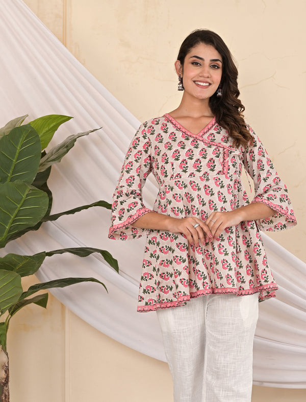 Beige Printed Cotton Short Top For Summers
