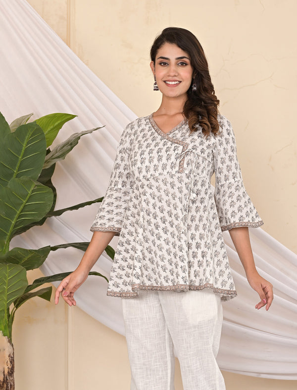 White Printed Cotton Short Top For Summers