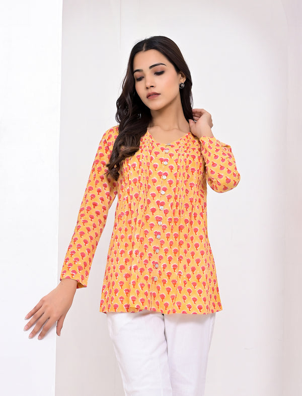 Yellow Printed Cotton Short Top