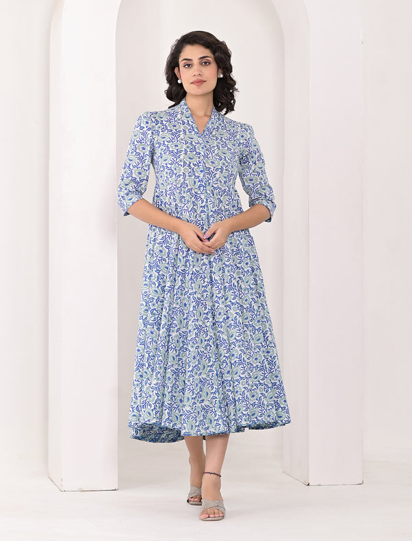 Blue Jaal Long Block Printed Cotton Dress