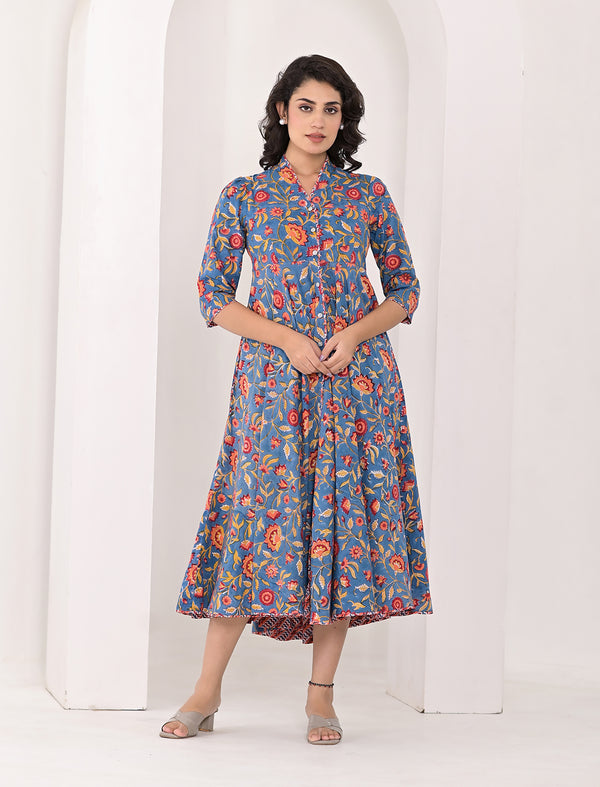 Dark Blue Jaal Long Block Printed Cotton Dress